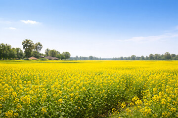 Baisakhi harvest inspired rural Punjab landscape, yellow mustard fields