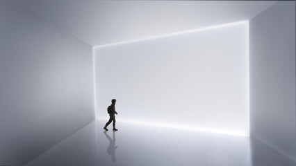 Obraz premium Modern mixed media with person walking toward luminous wall. Concept of business transformation, change management visuals, innovation journeys, strategic planning and future readiness.