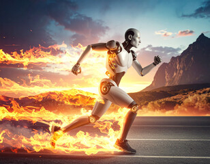 High-speed humanoid robot running with blazing energy trails along an open road at sunset. Futuristic concept of artificial intelligence, power and technological acceleration.