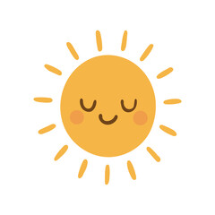 Fototapeta premium Smiling sun character graphic representing warm weather, cheerful climate themes, positive mood visuals, and child friendly seasonal designs.
