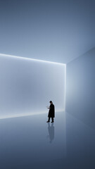 Graphic composition with man reading document in luminous room. Concept of deep work environments,...