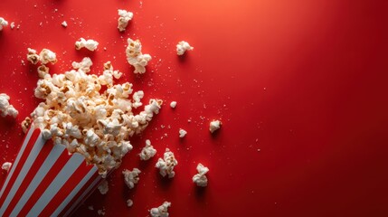 A playful scatter of popcorn spilling from a classic striped container against a vibrant red background, capturing the essence of movie nights and indulgent snacking.