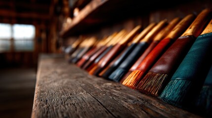 An artistic arrangement of colorful paint brushes in a rustic workshop setting, reflecting creativity, craftsmanship, and a passion for artistic expression and composition.