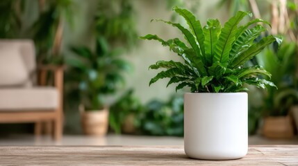 A vibrant green indoor plant stands in a sleek white pot, enhancing the beauty of the room and bringing life to the space with its refreshing presence and natural charm.