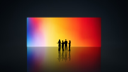 Abstract composition with group standing before colorful light wall. Concept of emotional...