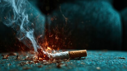 An artistic close-up shot of a burning cigarette resting on a teal couch, with smoke swirling in the air, highlighting a somber yet contemplative moment of indulgence and vice.