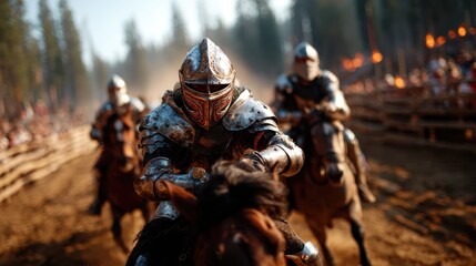 A dramatic depiction of armored knights on horseback charging into battle, set in an outdoor arena engulfed in dust and excitement, showcasing the valor and intensity of medieval warfare.
