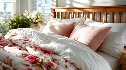 A beautifully made bed showcases soft white linens and floral-patterned blankets, creating a serene and inviting atmosphere perfect for relaxation and comfort.