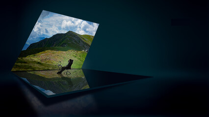 Surreal mixed media with person working before mountain landscape. Concept of mental escape zone,...