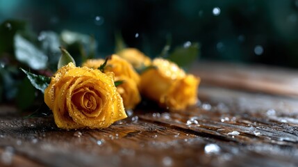Radiant yellow roses adorned with raindrops sit gracefully on a wooden surface, showcasing a stunning balance of nature's beauty and artistic elegance.