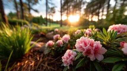 The sunlight bathes delicate pink flowers as they bloom amidst lush greenery, creating a stunning visual of nature's beauty during a tranquil sunset.