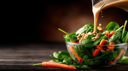 A bowl of fresh spinach and vibrant vegetables is beautifully presented, topped with a delicious dressing, making it an appealing choice for healthy eating.