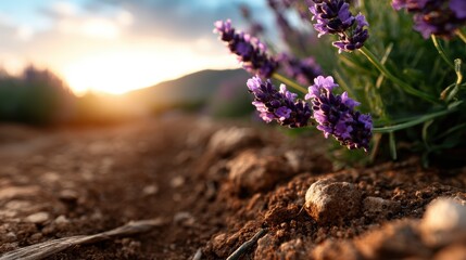 A close-up view of vibrant lavender flowers illuminated by the warm glow of a sunset, capturing the essence of tranquility and natural beauty in a picturesque landscape.