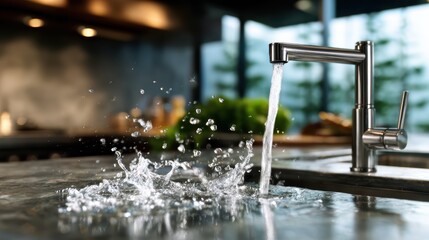 A dynamic shot of water splashing from a modern kitchen faucet, representing refreshment and the joy of cooking, evoking a sense of cleanliness and vitality in the kitchen.