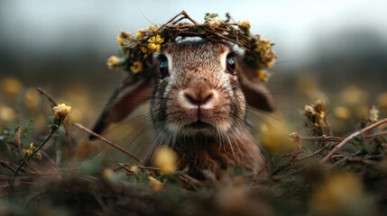 A charming close-up of a rabbit wearing a flower crown, capturing the essence of cuteness and whimsy in nature, evoking feelings of joy and innocence in this delightful scene.