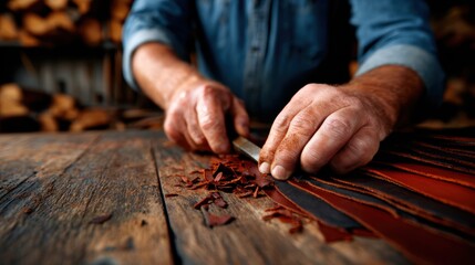 A close-up of a skilled craftsman meticulously working with leather, showcasing traditional craftsmanship and the art of creating high-quality leather goods.