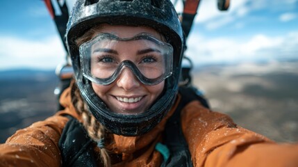 A smiling woman enjoying the thrill of paragliding while suspended high above a stunning landscape, showcasing the excitement and joy of outdoor adventure activities.