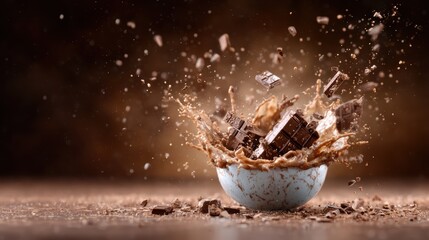 Delicious chocolate chunks creating a splatter effect, capturing the moment of impact, reflecting indulgence and the joy of savoring desserts in a visually stunning way.