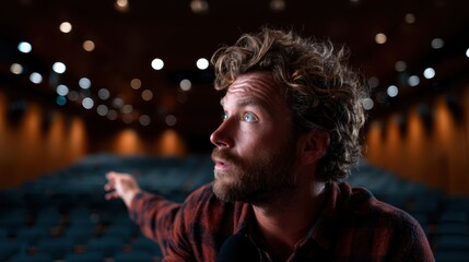 A focused man showcases expressive body language while gesturing in a seemingly large auditorium, capturing the audience's attention with his passionate delivery.