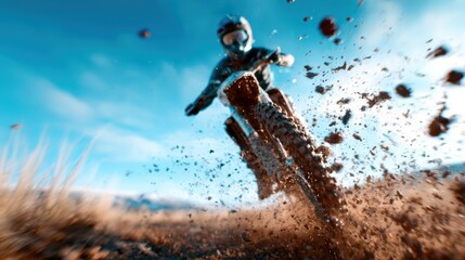 A thrilling perspective captures a motorcyclist kicking up dirt while speeding across an open landscape, showcasing adrenaline and excitement in the action.