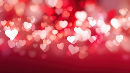 Heart-shaped bokeh lights with a blurred pink-red gradient background, designed for Valentine's Day celebrations, romantic love concept banner template.