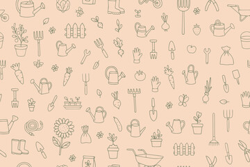 Gardening-themed vector illustration featuring a seamless pattern of tools, plants, and vegetables. Perfect for backgrounds, textiles, and designs that embrace nature and gardening motifs.