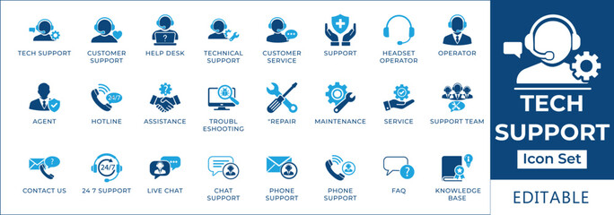 Tech support and customer service icon set featuring help desk, technical assistance, hotline, support, live chat, maintenance, troubleshooting, and call center agent symbols.