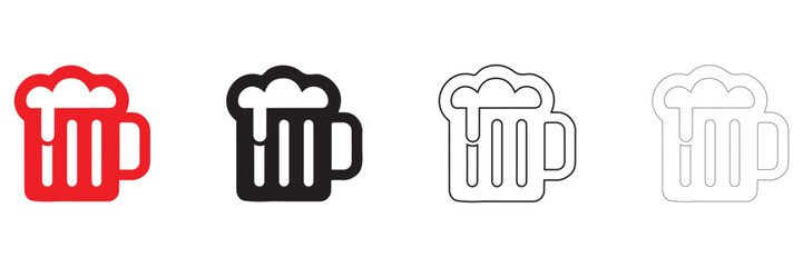 beer mug icon vector set, overflowing beer drinking vector, silhouette and line art