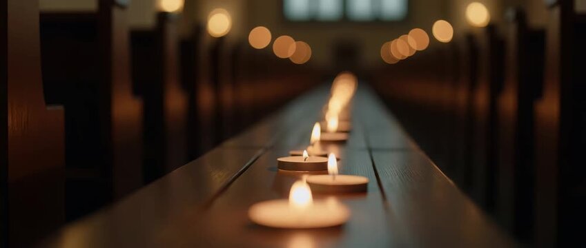 A row of burning candles on a wooden church pew. Close-up of flickering flames with a soft bokeh background. Remembrance, prayer, and faith concept
