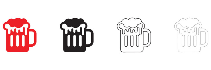 beer mug icon vector set, overflowing beer drinking vector, silhouette and line art