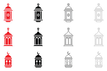 Islamic lantern with crescent moon icon vector, Ramadan Islamic element vector, silhouette and line art