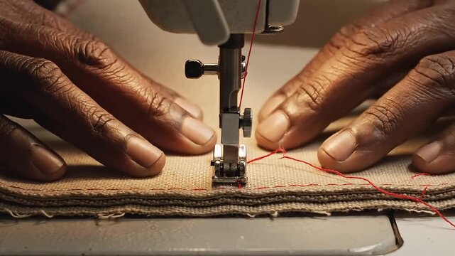 Skilled hands guide fabric through a sewing machine, creating neat stitches with red thread.
