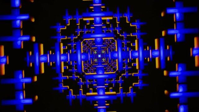 Seamless VJ loop motion background with neon geometric tunnel and cubes