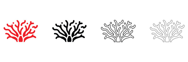 sea coral icon vector set, coral reef ocean plant vector, silhouette and line art