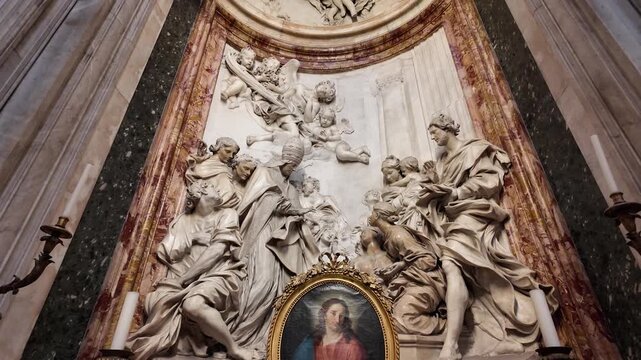 Ornate Side Altar with Marble Relief in Sant'Agnese in Agone, Rome, Slow Motion