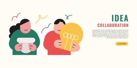 Flat modern illustration of people collaborating and sharing ideas with a light bulb, representing teamwork, creativity, innovation, brainstorming, and business collaboration concept.
