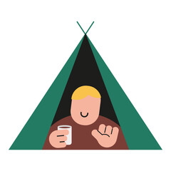 Flat modern illustration of a person relaxing inside a camping tent, holding a cup, representing outdoor lifestyle, travel, camping, relaxation, and nature concept.