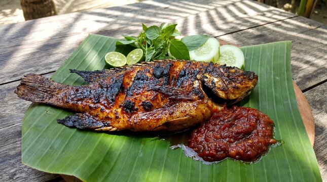 Indonesian grilled fish served with spicy sambal terasi chili paste. Traditional seafood dish photographed in vibrant 4K resolution.