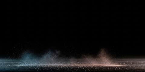 Black powder explosion explode background spectrum frame yellow orange violet magenta color dust cloud glow on dark ground surface create dramatic abstract art energy motion effect contrast light