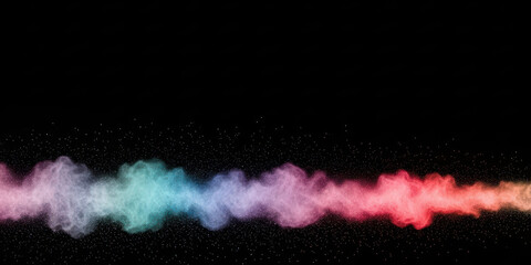 Explosion of colored powder explode across black background in vivid spectrum band filling frame with bright yellow orange violet magenta cloud and subtle blue teal glow dust texture fantasy art
