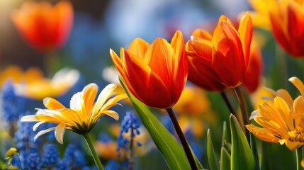 Closeup of vivid orange and red tulips with yellow blooms and blue accents in a sunlit garden bathed in light