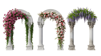 Three Decorated White Stone Arches with Pink and Purple Flowers