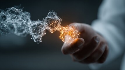 Innovative scientist creates glowing digital network with fingertip, visualizing complex data connections and future possibilities.