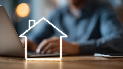 Real estate business market, house home building purchase sale. A person intently focused on a laptop with a white house icon on the screen, placed on a table beside a mobile phone.