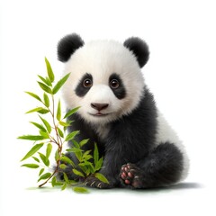 Playful baby panda interacting with bamboo in a natural habitat adorable wildlife photography