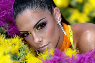 Bright makeup and flowers create a vivid scene during a creative session in a garden with colorful blooms