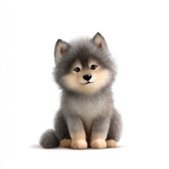 Obraz premium Cute baby wolf cartoon gray fluffy fur adorable animal illustration whimsical environment playful viewpoint