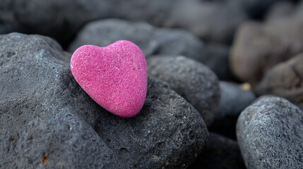 Pink heart-shaped pebble nestled among dark gray rocks, symbolizing the simplicity and beauty of love found in natural surroundings with organic textures and earthy tones.