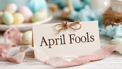 April fools card nestled in elegant blush satin ribbon, soft-focus pastel background for playful, delicate celebration and greeting