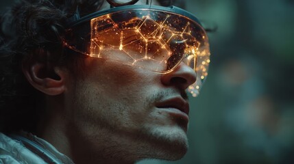 Futuristic visionary experiencing augmented reality with glowing network overlay in high tech goggles